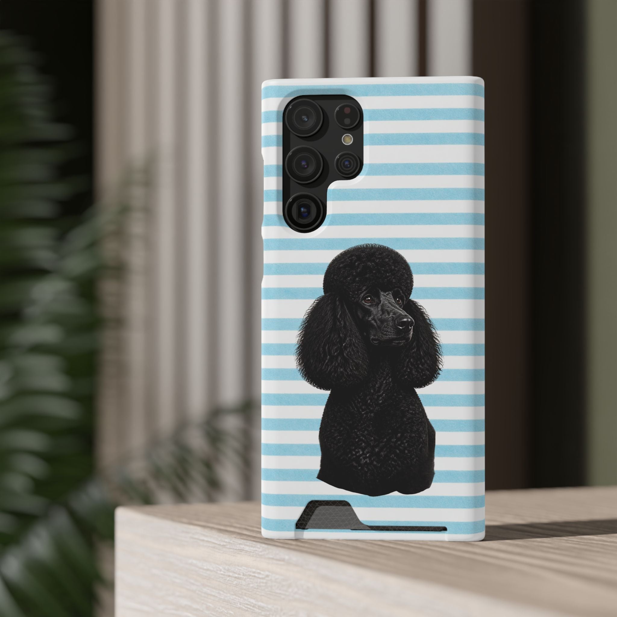 Poodle Stripe Phone Card Case – Blue Striped Wallet Case with Black Poodle