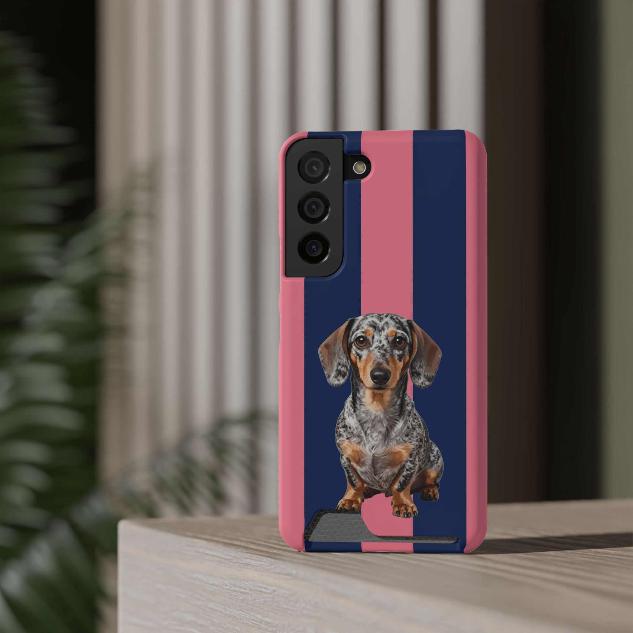 Dachshund Stripe Phone Case with Card Holder — Pink & Navy Cute Dog Wallet Case