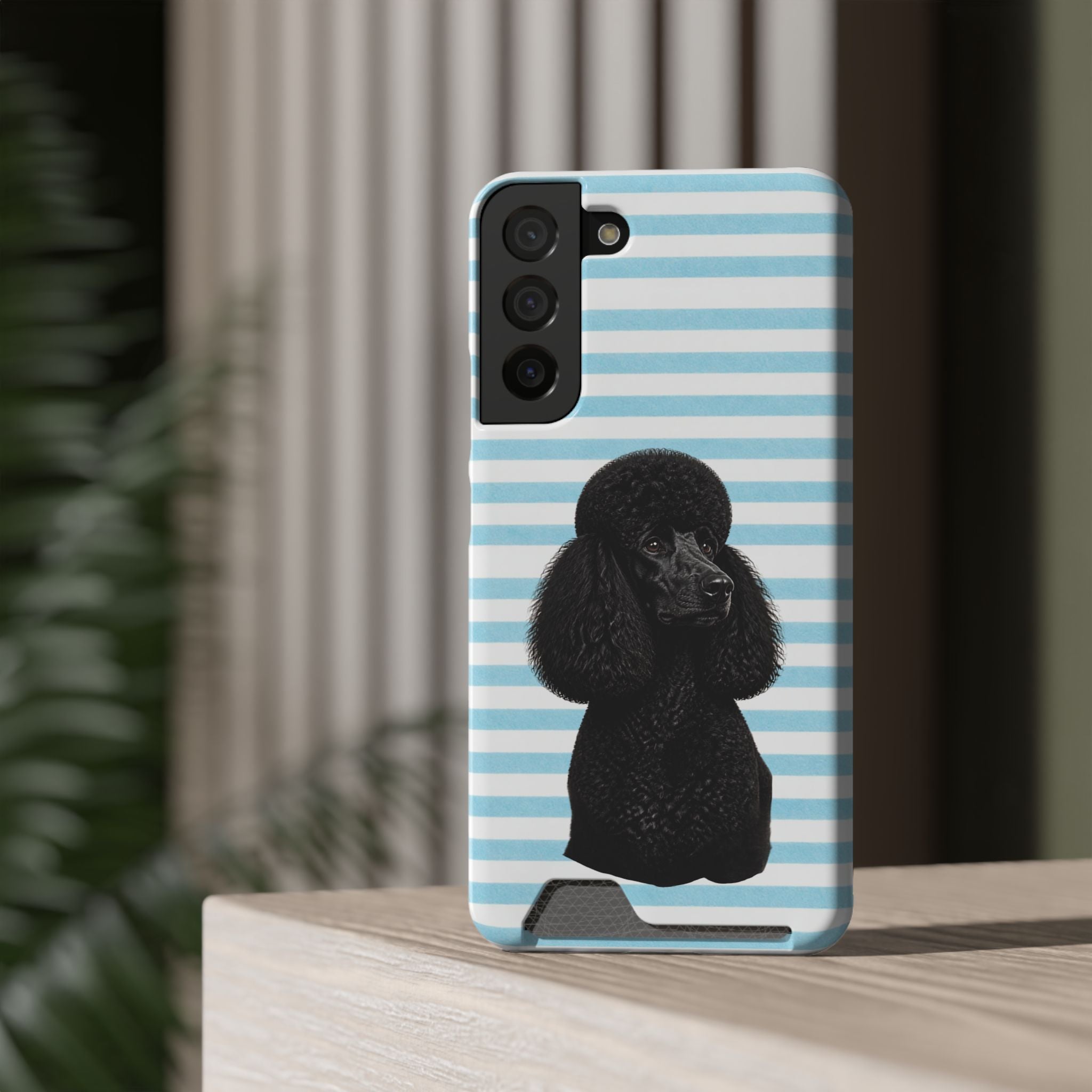 Poodle Stripe Phone Card Case – Blue Striped Wallet Case with Black Poodle