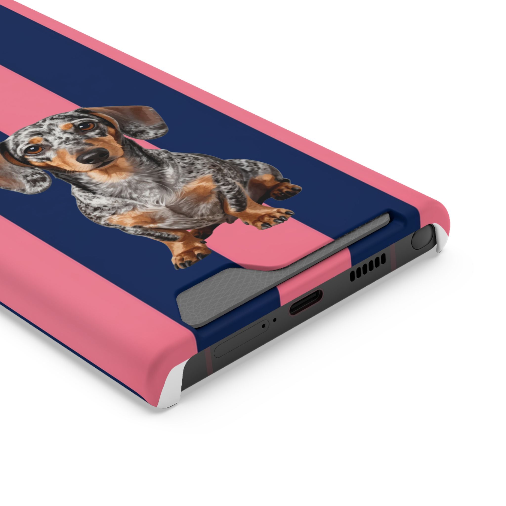 Dachshund Stripe Phone Case with Card Holder — Pink & Navy Cute Dog Wallet Case