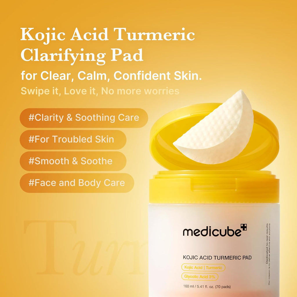 medicube Toner Pads Kojic Acid Turmeric Clarifying Toner Pad for Troubled Skin & Use After Spot Care, Soothing with Kojic Acid, Turmeric, Niacinamide, Glycolic Acid, Korean Skin Care, 70 Pads (1 Pack)