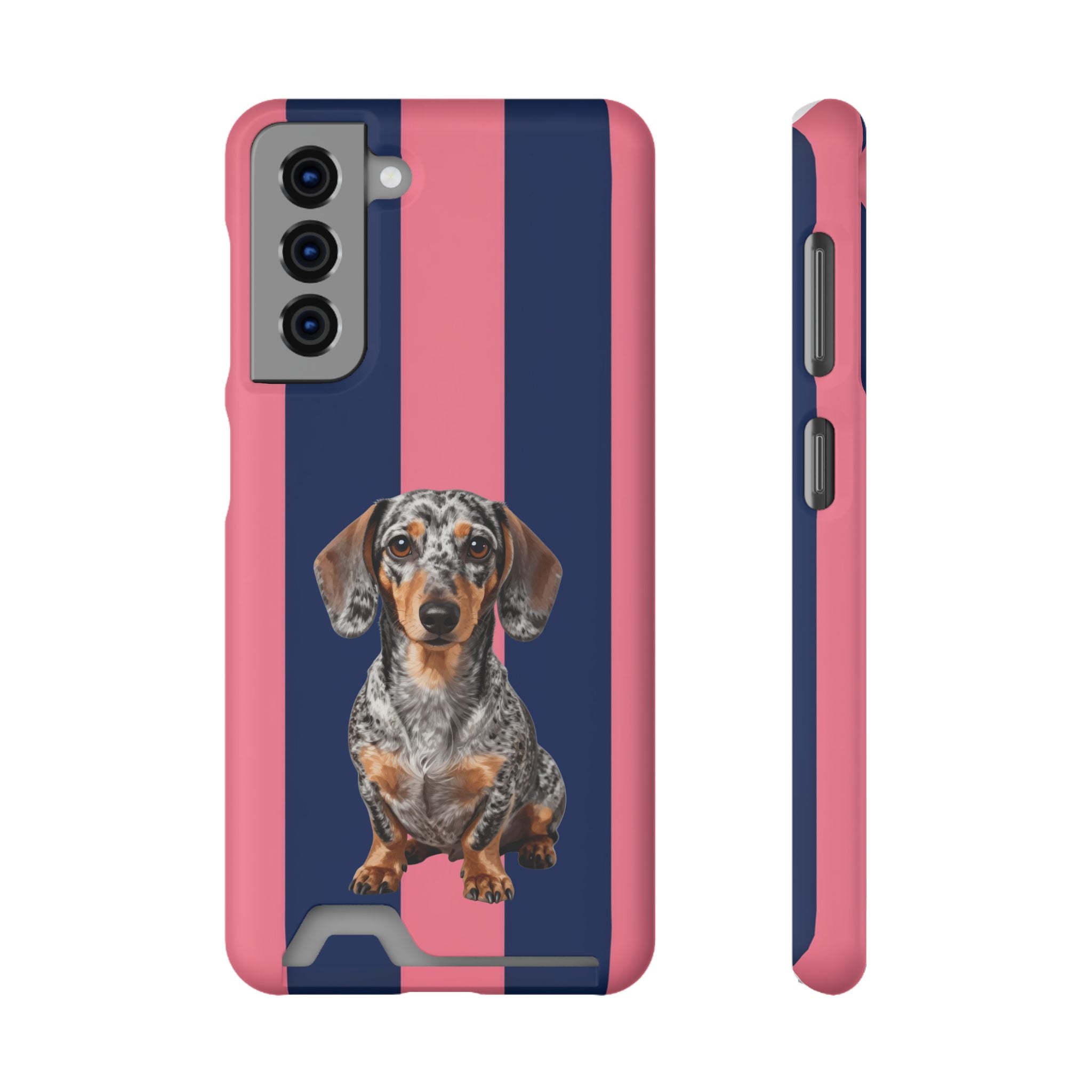 Dachshund Stripe Phone Case with Card Holder — Pink & Navy Cute Dog Wallet Case