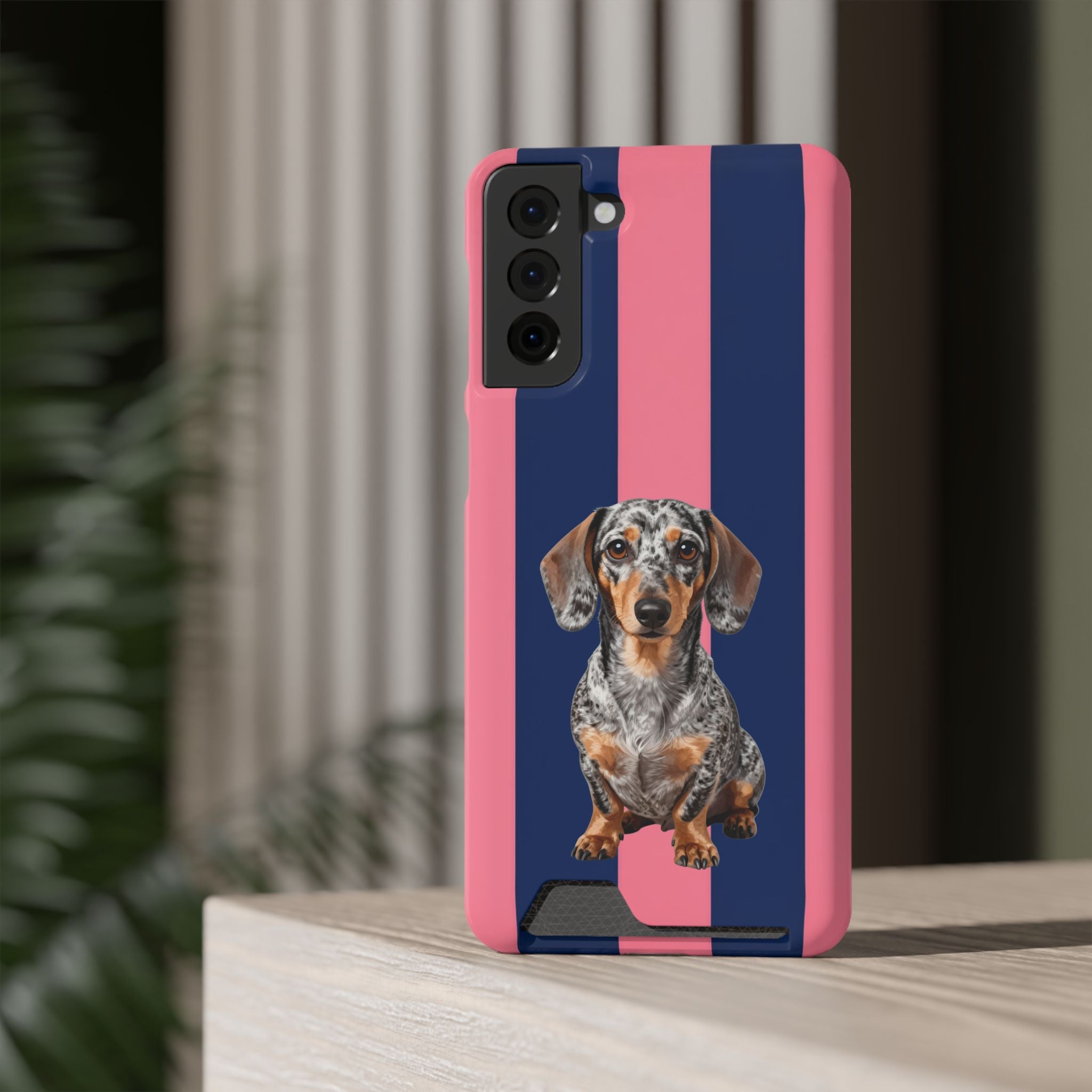 Dachshund Stripe Phone Case with Card Holder — Pink & Navy Cute Dog Wallet Case