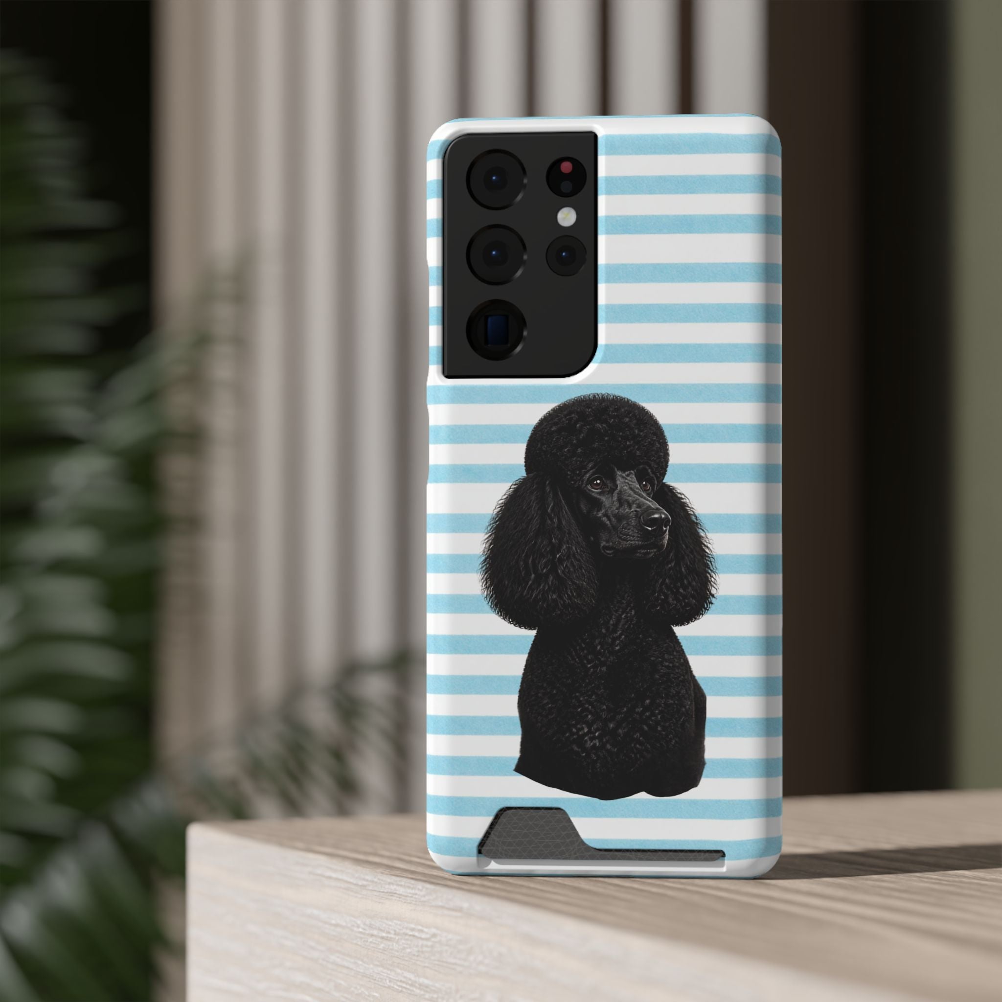 Poodle Stripe Phone Card Case – Blue Striped Wallet Case with Black Poodle