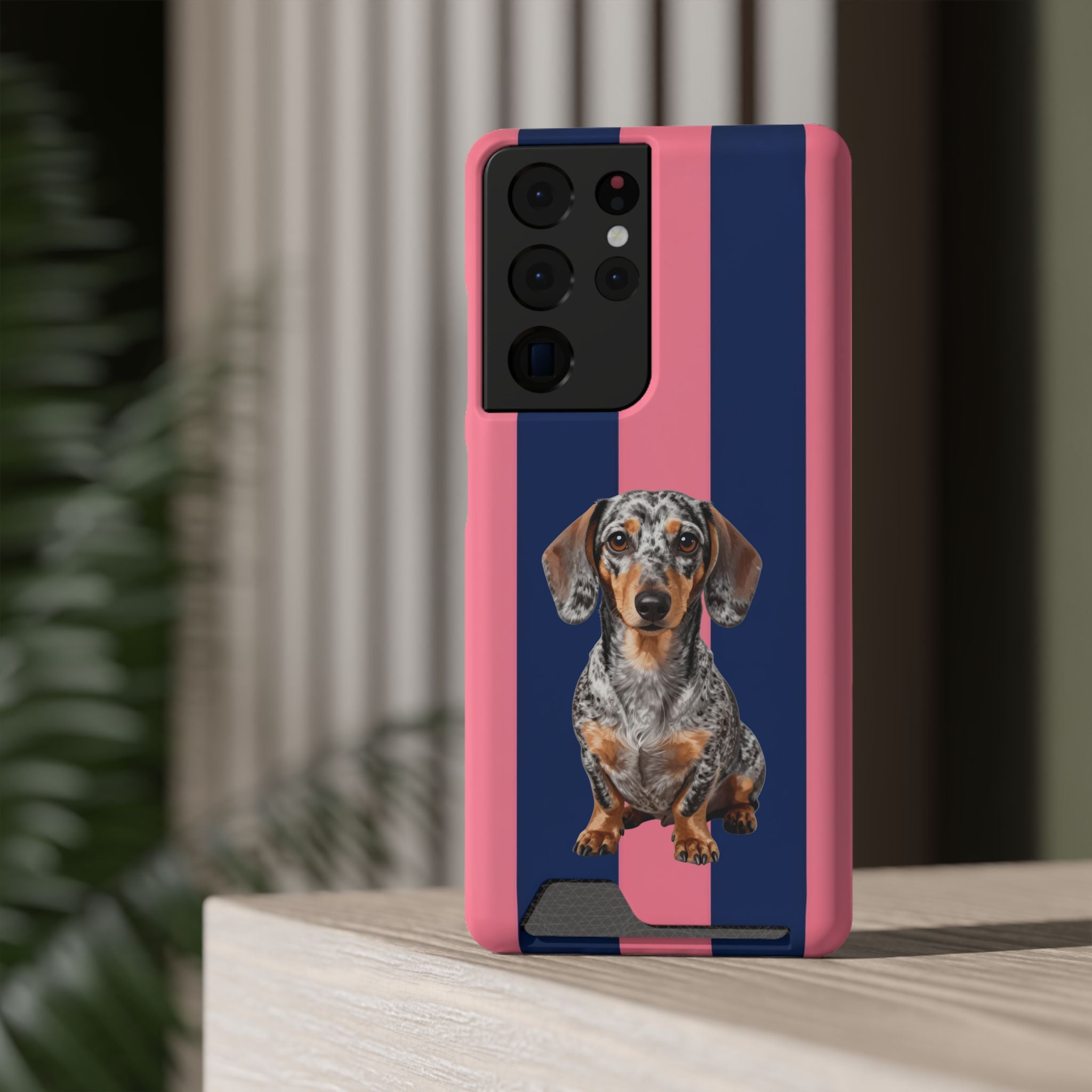 Dachshund Stripe Phone Case with Card Holder — Pink & Navy Cute Dog Wallet Case