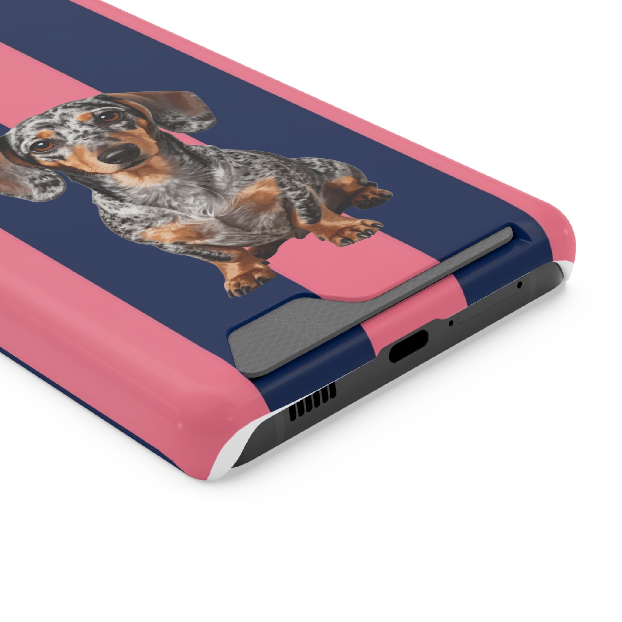 Dachshund Stripe Phone Case with Card Holder — Pink & Navy Cute Dog Wallet Case