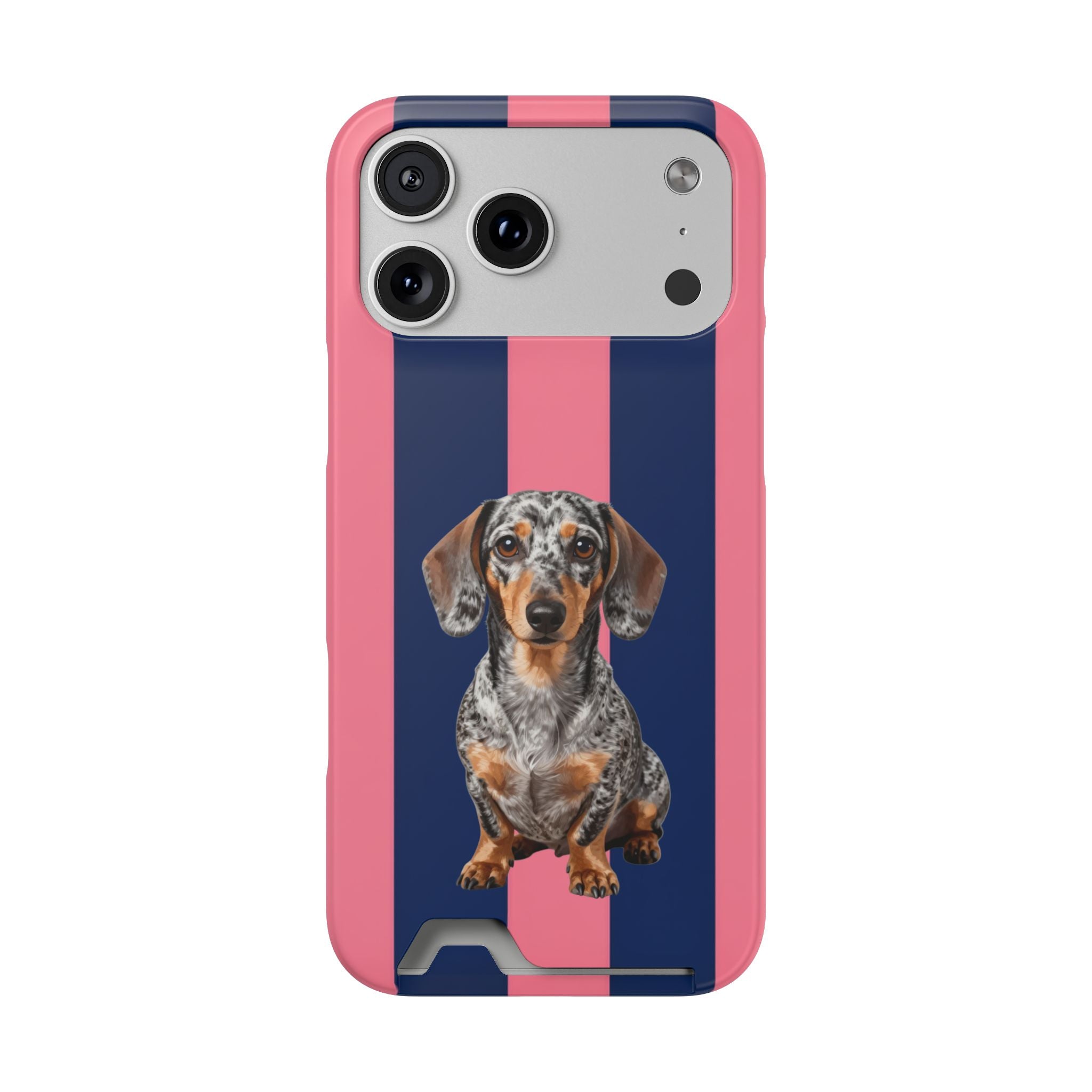 Dachshund Card-Holder Phone Case — Pink & Navy Striped Dog Design