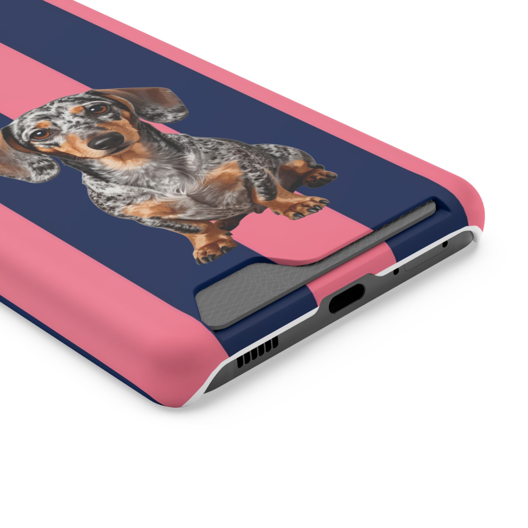 Dachshund Stripe Phone Case with Card Holder — Pink & Navy Cute Dog Wallet Case