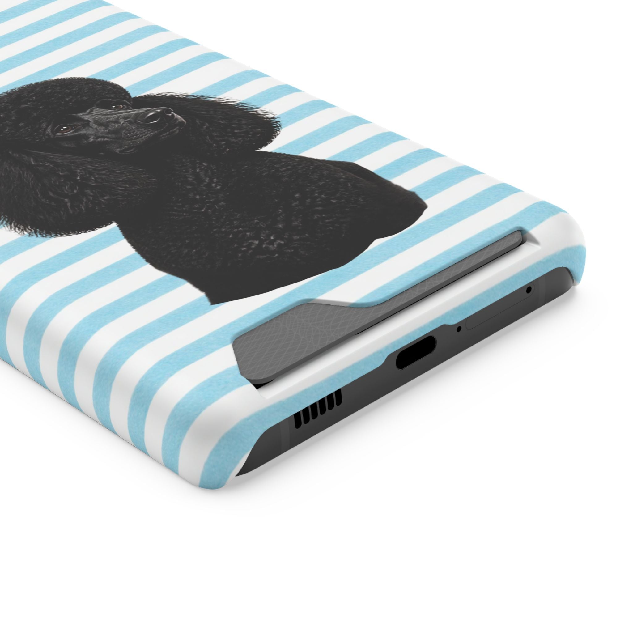 Poodle Stripe Phone Card Case – Blue Striped Wallet Case with Black Poodle