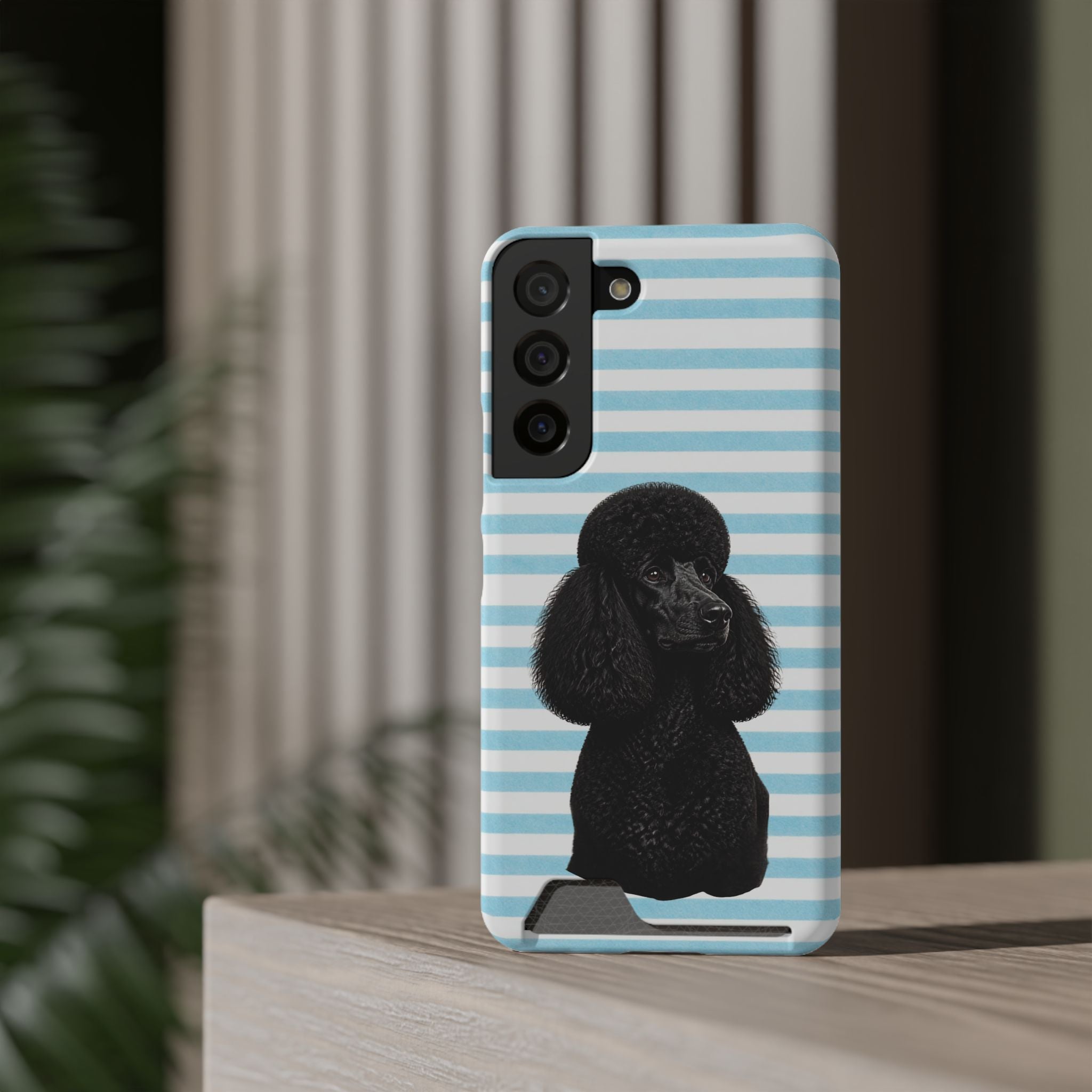 Poodle Stripe Phone Card Case – Blue Striped Wallet Case with Black Poodle