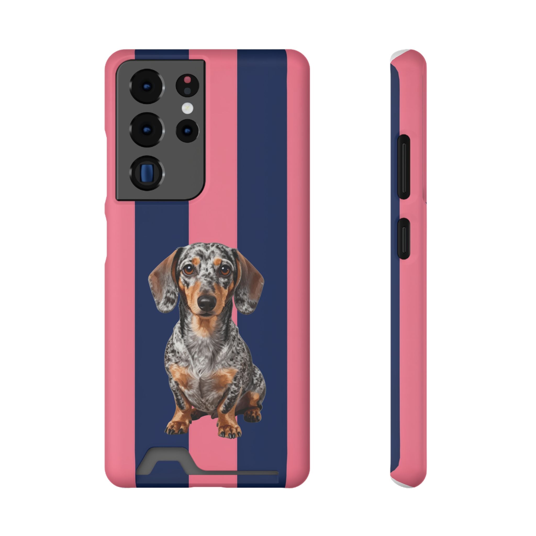 Dachshund Stripe Phone Case with Card Holder — Pink & Navy Cute Dog Wallet Case