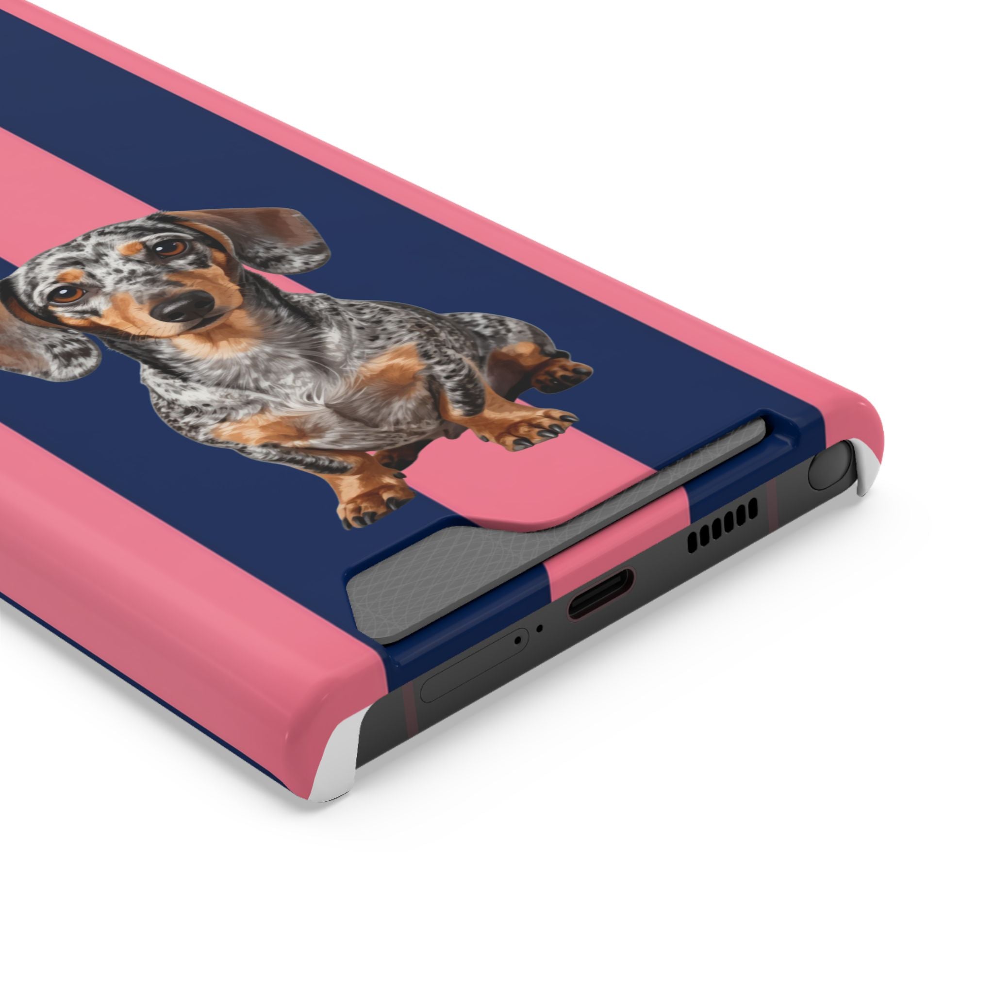 Dachshund Stripe Phone Case with Card Holder — Pink & Navy Cute Dog Wallet Case