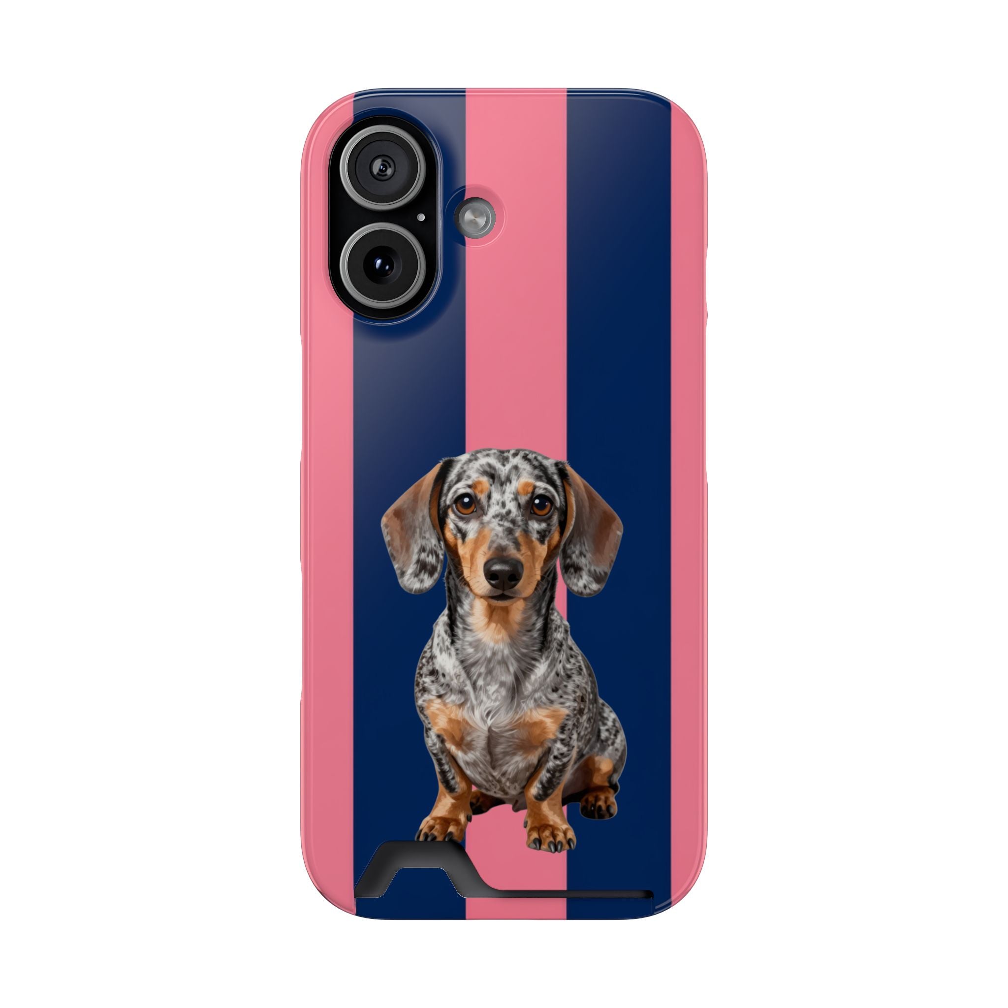 Dachshund Stripe Phone Case with Card Holder — Pink & Navy Cute Dog Wallet Case